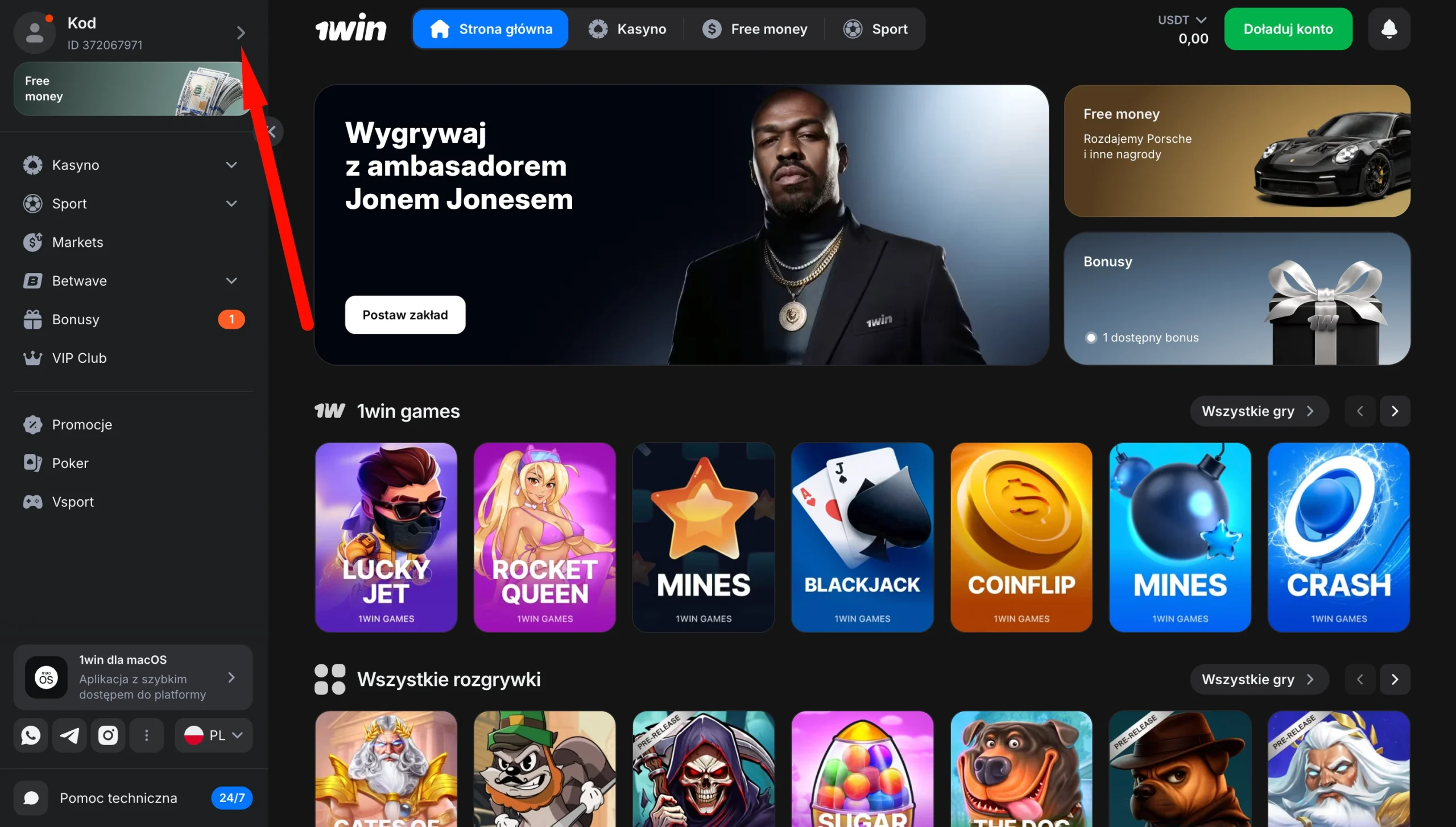 Przejście do profilu gracza w 1win