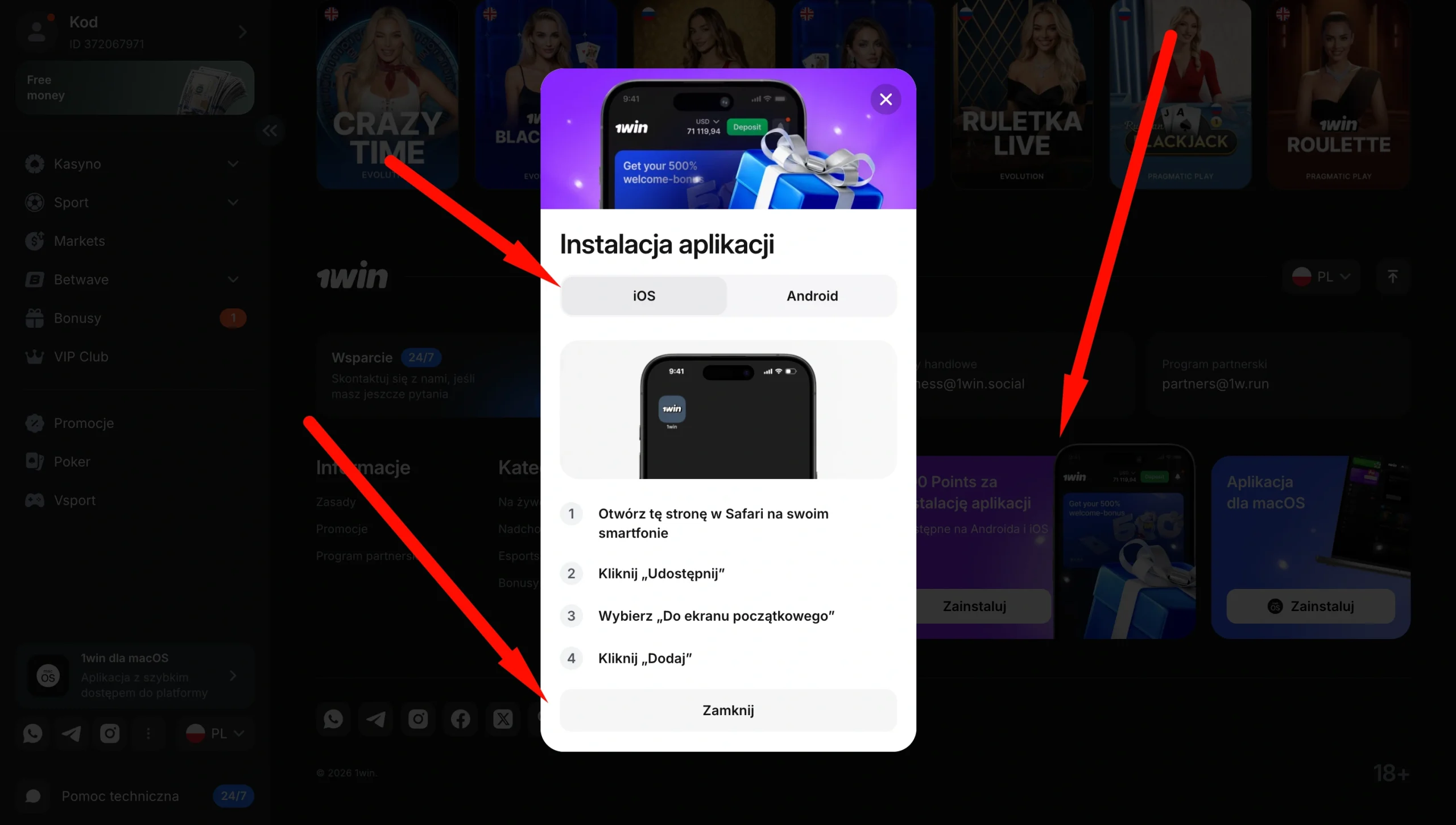 Instalacja aplikacji 1win na iPhone krok po kroku
