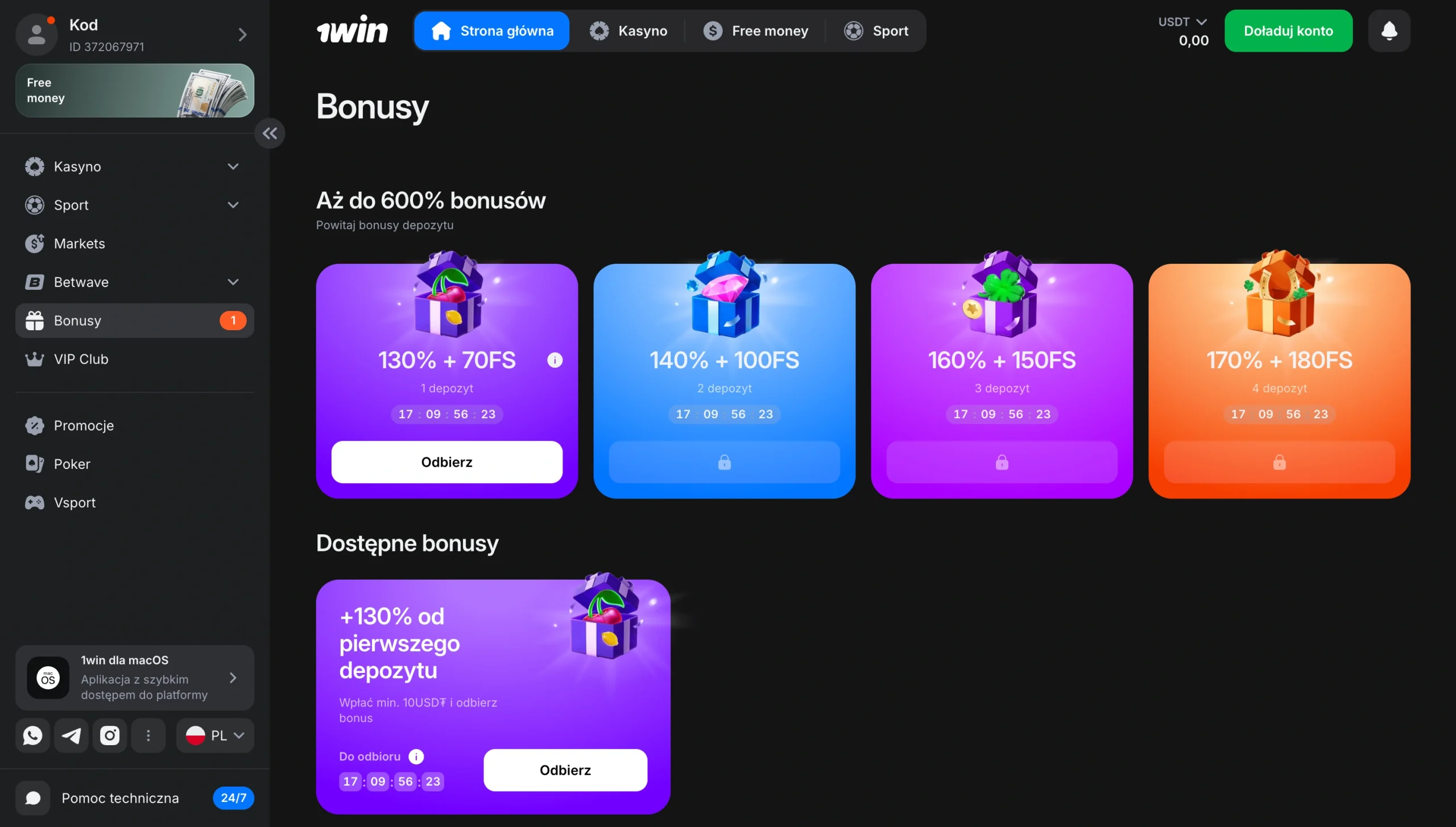 Dział Bonusy w 1win z bonusami depozytowymi