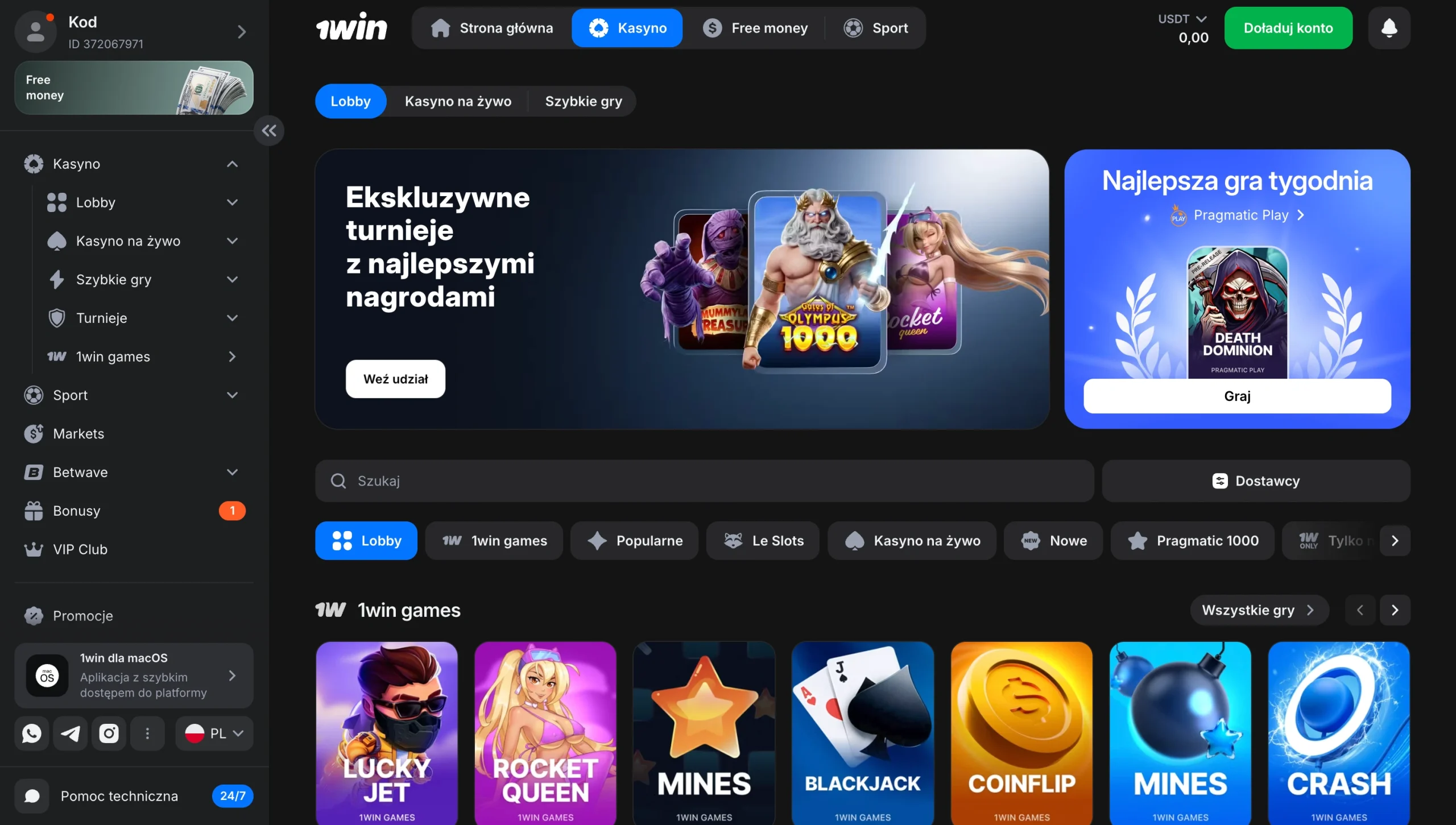 Lobby kasyna 1win z kategoriami gier i filtrami dostawców